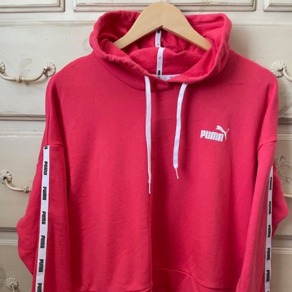 Puma Pink Cropped Hoodie Sweatshirt w/ logo piping- size L